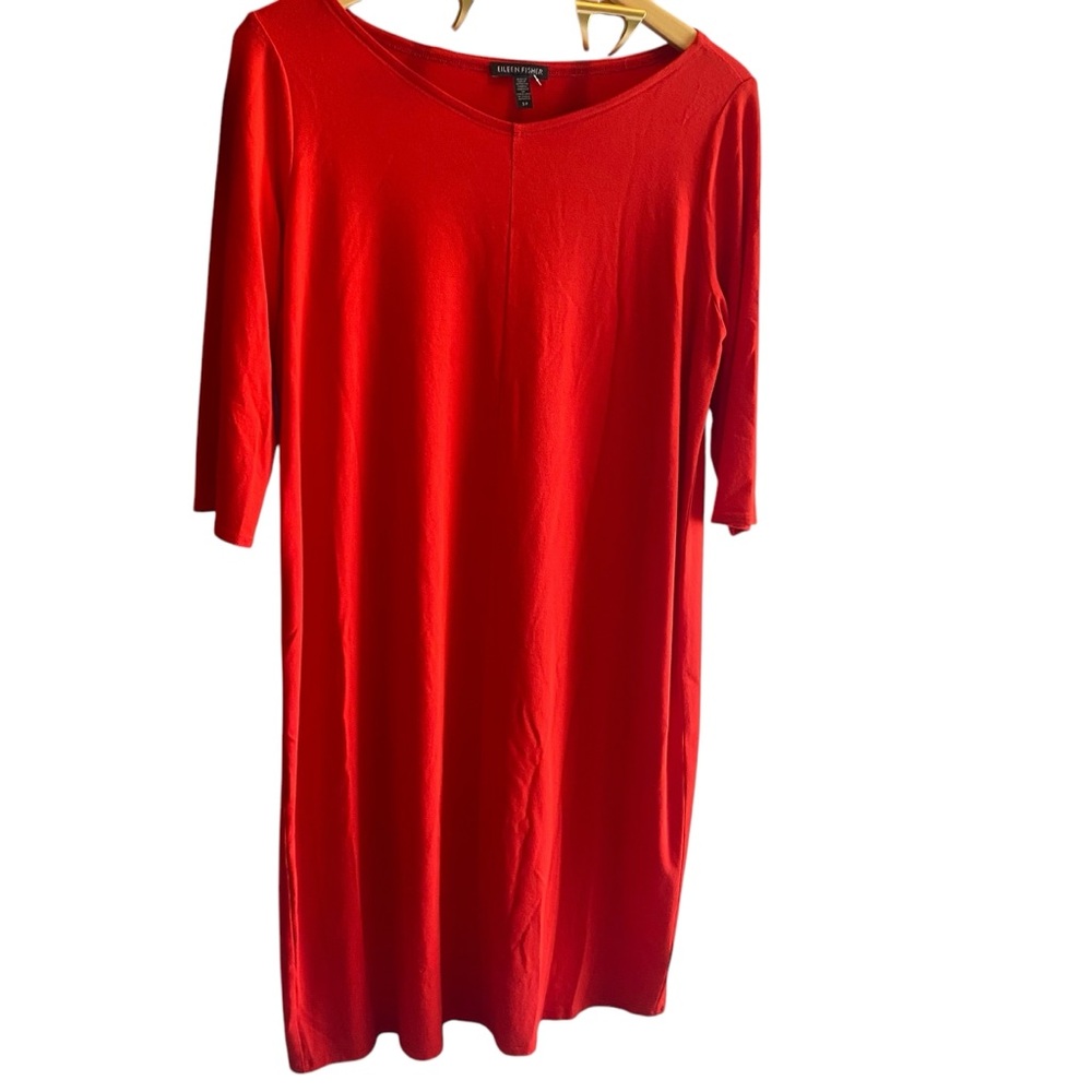 Eileen Fisher Jersey Shift Midi Dress Size Small Long Sleeve Crew Neck Red - Picture 2 of 5